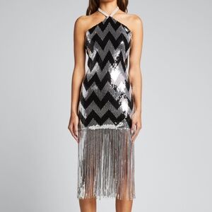 Bronx and Banco Gatsby Sequin Chevron Fringe-Hem Halter Dress - Size L